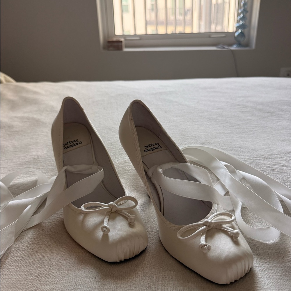 Jeffrey Campbell White Satin Heels